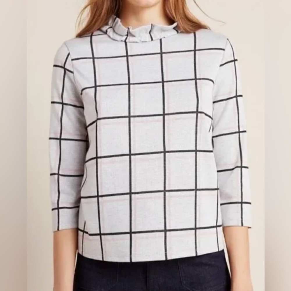 Sunday in Brooklyn by Anthropologie Grid Pattern Ruffle Neck Sweater - Size S